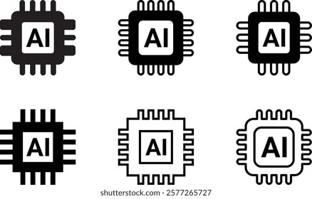 Six distinct black AI microchip icons showcase diverse design styles, varying line thickness and pin details, all featuring the AI abbreviation.