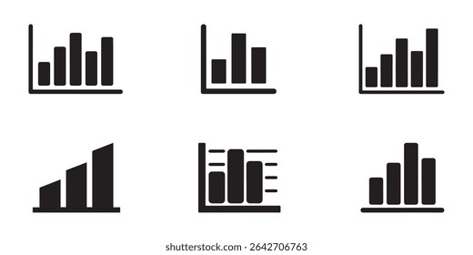 Six distinct black bar graph icons show different growth and decline patterns on a clean white backdrop, ideal for illustrating reports and presentations.
