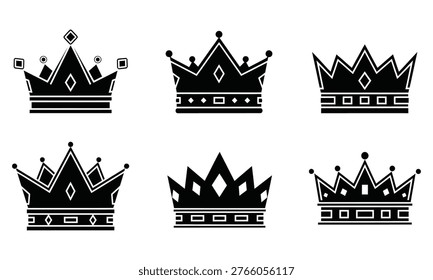 Six distinct black crown silhouettes are presented, showcasing varying designs, ornate details, and a sense of regal authority.