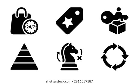 Six distinct black icons representing business concepts