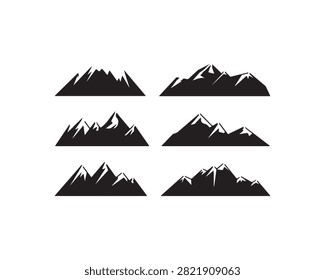 Six distinct black silhouette of mountain ranges, featuring sharp peaks and jagged ridges, adventure, nature, or outdoor branding
