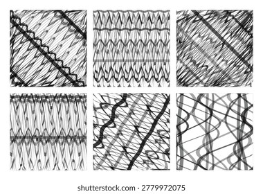 Six distinct, black and white, compelling patterns showcasing abstract lines and waves.
