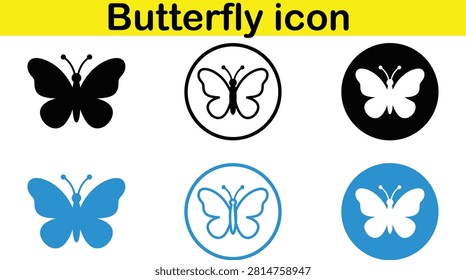 Six distinct butterfly icons displayed with transparent backgrounds in black white and blue color schemes inside circles or standalone
