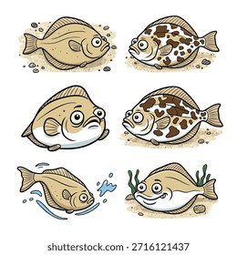 Sechs verschiedene Cartoon-Plattfisch-Illustrationen mit jeweils einzigartigen Gesichtsausdrücken und subtilen Variationen in Muster und Pose auf neutralem Hintergrund.