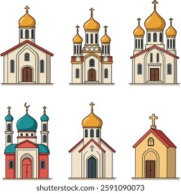 Six distinct churches featuring various dome styles and colors, showcasing a serene and spiritual atmosphere in flat design.