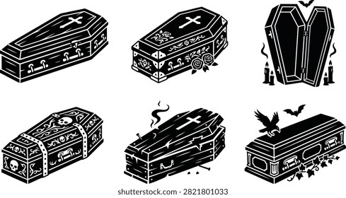 Six distinct coffin outlines presented as black vector graphics. Ideal for spooky halloween decorations or morbid graphic design applications.