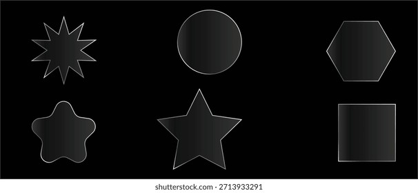 Six distinct dark, abstract 3D rendered shapes are arranged in a grid on a solid black background.