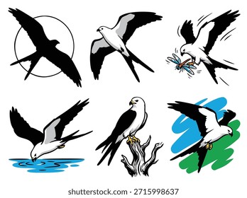 Sechs verschiedene Zeichnungen eines weißen Drachenvogels, die sein Flug-, Jagd- und Sitzverhalten mit klarer Linienführung und minimaler Farbe zeigen.