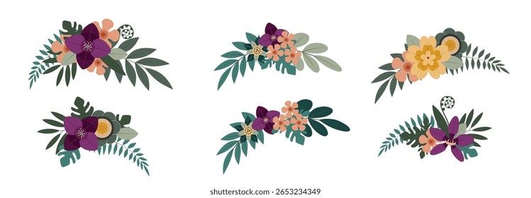 Six distinct floral arrangements are displayed, showcasing a mix of colorful flowers and lush greenery. The designs highlight shades of purple, yellow, pink, and green, perfect for decor.