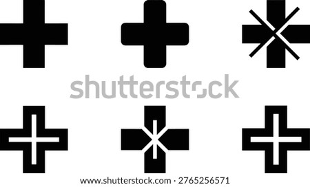 Six distinct geometric plus shapes are presented in a grid layout