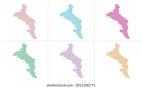 Six distinct graphic representations of seychelles map composed of patterned dots triangles hearts stars diamonds and plus signs elegant minimalist vector illustration for infographic design projects.