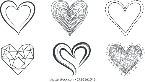 Six distinct heart illustrations with different artistic styles and line work on a white background