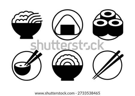 Six distinct icons representing traditional japanese dishes and utensils