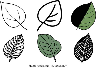 Six distinct leaf designs are presented. Some leaves are outlines, while others feature intricate vein patterns and shades of green, with one split black and green, illustrating natural foliage variety.