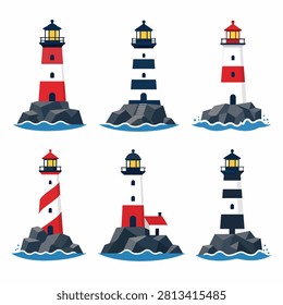 Six distinct lighthouse illustrations on blue water background with red flags and white tops