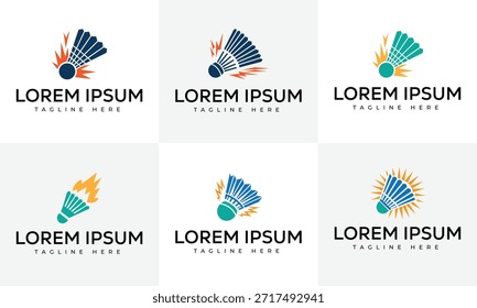 Seis diseños de logotipos distintos con volantes de bádminton en varias combinaciones de colores de azul, verde azulado y naranja, con acentos energéticos que sugieren velocidad o impacto.