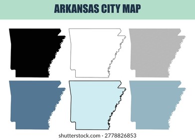 Six distinct map variations for Arkansas City including fill stock and line art. Ideal for geographical presentations or data visualization.