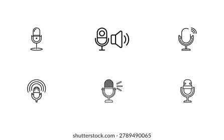 Six distinct microphone icons in line art style, illustrating various states and functions. perfect for podcasting, recording, broadcasting, and sound-related apps. icons include standalone microphones, one with a volume speaker, and others with sound waves, suitable for representing audio input and output.