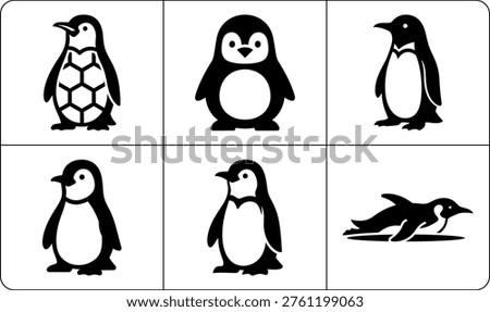 Six distinct penguin icons arranged in rows against clean white background with crisp lines and solid fills