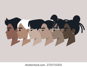 Seis perfis distintos mostram uma variedade de tons de pele e penteados, representando a beleza da diversidade e a essência da expressão pessoal na arte contemporânea.