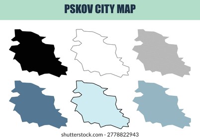 Six distinct Pskov city map presentations including solid fill line art and patterned fills. Ideal for regional analysis and digital cartography.