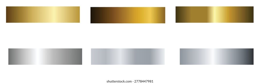 Six distinct rectangular horizontal bars featuring shiny metallic gold and silver gradients with textured surface effects