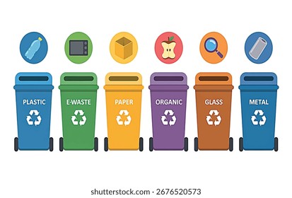 Seis contenedores de reciclaje distintos etiquetados para diferentes tipos de residuos, con los iconos correspondientes arriba, que ilustran la clasificación de residuos.
