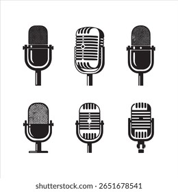 Six distinct retro microphone designs presented in a clean, graphic style on a white background.