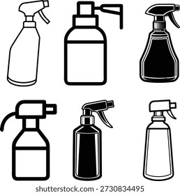 Seis diseños distintos de botellas de spray se presentan en una cuadrícula organizada, mostrando varias formas de boquillas dispensadoras y cuerpos de botellas. Algunos son de color negro sólido, otros son contornos, que representan contenedores comunes para líquidos de limpieza o cuidado personal.