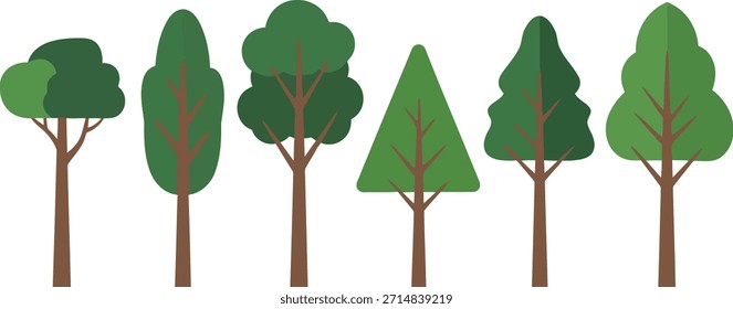 Seis árboles estilizados distintos con varias Formas de dosel y troncos marrones se encuentran aislados contra un fondo blanco que representa diversos Elementos forestales perfectos para proyectos de diseño ambiental o
