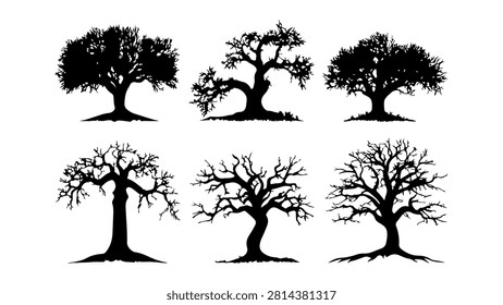 Six distinct tree silhouettes showcasing different shapes and structures, emphasizing natural forms and artistic representations of trees.