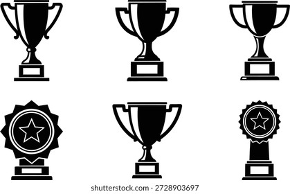 Sechs verschiedene Trophäensymbole, die in zwei Reihen angeordnet sind und verschiedene Designs und Formen in Schwarz und Weiß aufweisen.