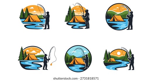 Six distinct vector illustrations depict a lone fisherman casting his rod near a vibrant camping tent beside a calm river or lake, nestled among evergreen trees under a warm sunset or sunrise sky, creating a serene outdoor adventure scene