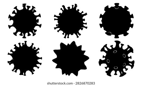 Six distinct virus particle silhouettes in black, showcasing various shapes and structures, isolated on a white background for scientific or educational use.