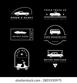 Six distinct white retro vehicle emblems appear against a dark black surface. Each logo showcases a different vintage car, truck, van, or scooter with text, highlighting a classic automotive style.