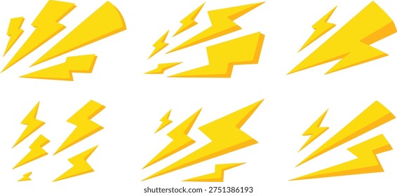 Six distinct yellow lightning bolt symbols featuring subtle shading, giving them a dynamic and powerful presence on a white background.