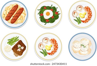 Six diverse and appetizing food dishes illustrated