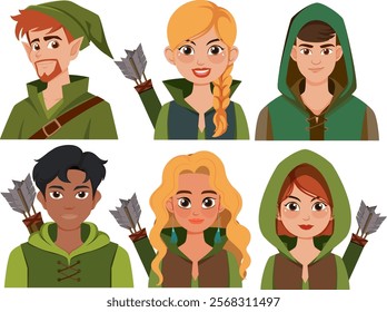 Six diverse archers with bows and arrows