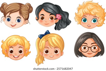 Six diverse cartoon faces with unique hairstyles