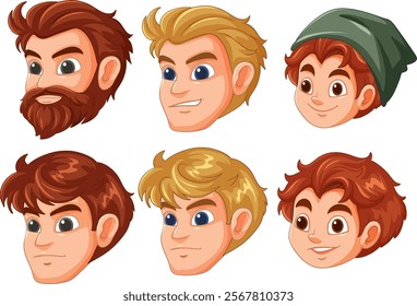 Six diverse cartoon male heads with various hairstyles