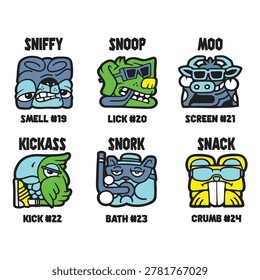 Six diverse cartoon monster characters with funny names and numbers like sniffy snoop moo kickass snork and snack wearing sunglasses great for stickers or t shirts.