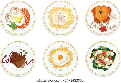 Six diverse dishes on white plates