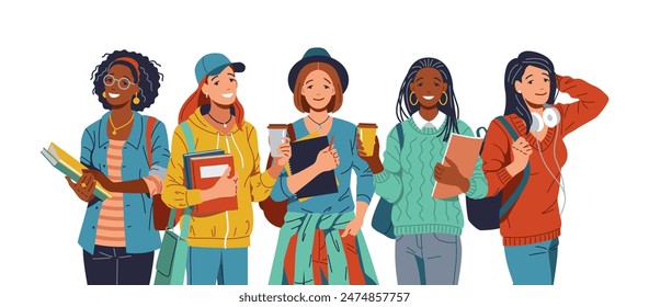 Six diverse female students of different ethnic backgrounds in a university library. They smile, hold books and folders. Background is white. Conveys diversity, cooperation, academic success.