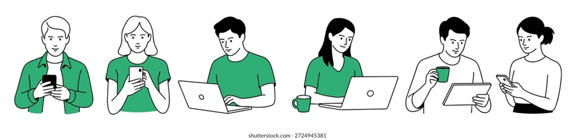 seis pessoas diversas interagindo com tecnologia e bebidas em 