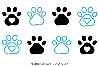 Six Dog Paw Prints with Hearts, Perfect for Pet-Themed Design.Paw prints with heart isolated on white background