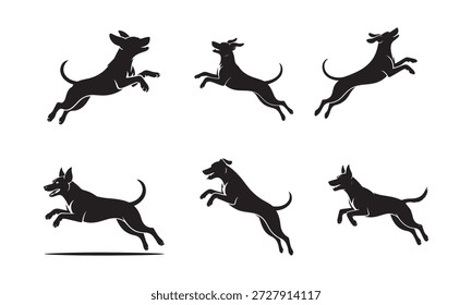 Six Dog Silhouettes Running in Sequence Jumping Action