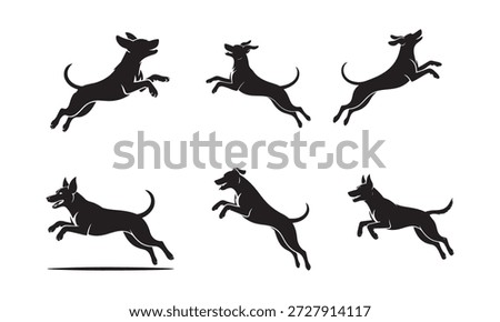 Six Dog Silhouettes Running in Sequence Jumping Action