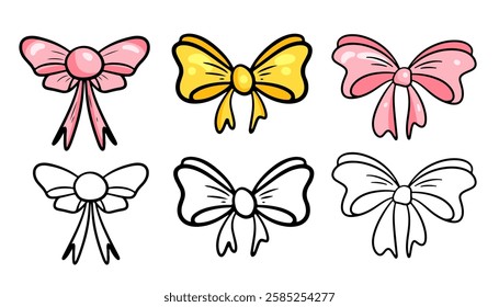 Six doodle colored and outline bows. Vector illustration on white background.