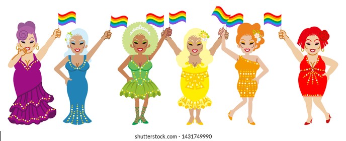 Six drag queens holding rainbow flags - LGBT parade concept art