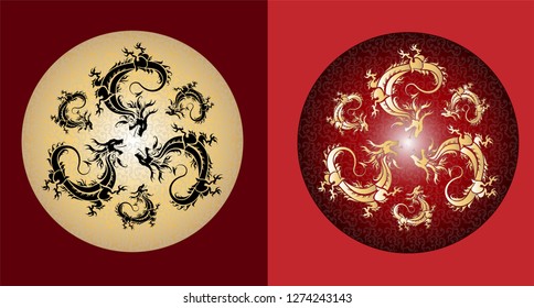 Six Dragons in the circle for graphic logo design on gold and red circle to celebrate wedding or Chinese ceremony 